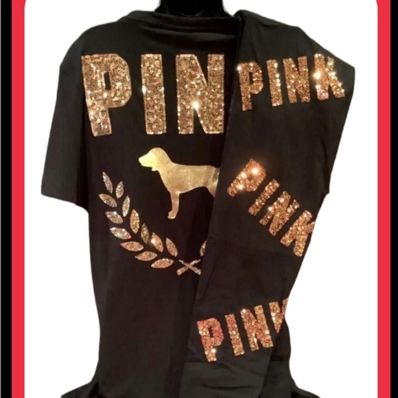 NEW VICTORIAS SECRET PINK RARE BLING 2PC SET LEGGINGS & TEE SHIRT SEQUINS